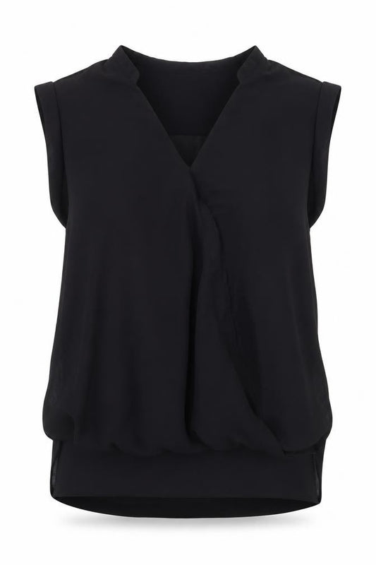 Front view of Atmosphere women’s black polyester basic tank, size UK 12, v-neck