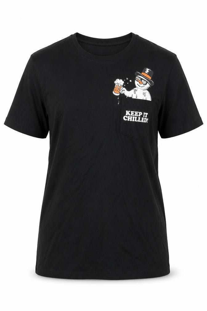 F&F Womens Black 100% Cotton Basic T-Shirt Size M Scoop Neck - Keep it Chilled Snowman