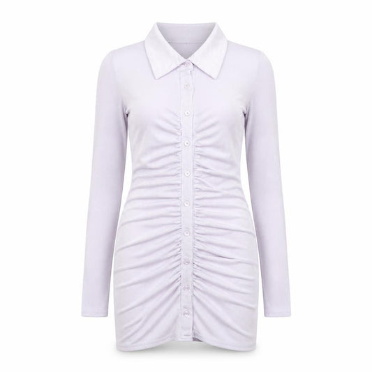 Front view of Missguided women’s purple polyester bodycon, size UK 4, collared button