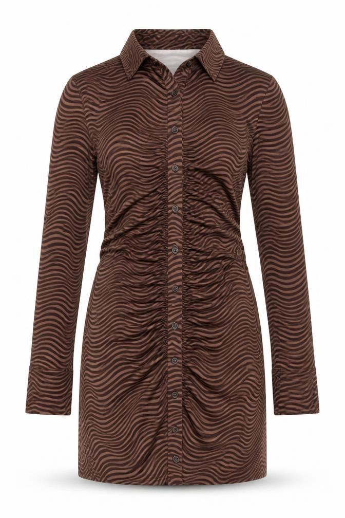 H&M Womens Brown Geometric Polyester Bodycon Size L Collared Button