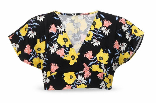 Front view of Divided by H&M women’s black geometric polyester cropped blouse, size M, v-neck - open back