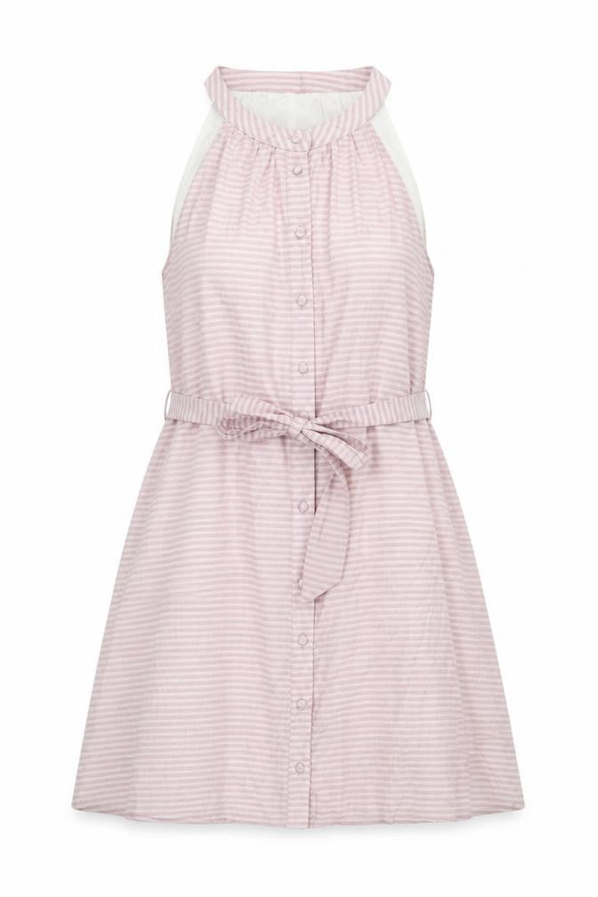 Front view of Calli women’s pink striped polyester a-line, size UK 12, round neck button