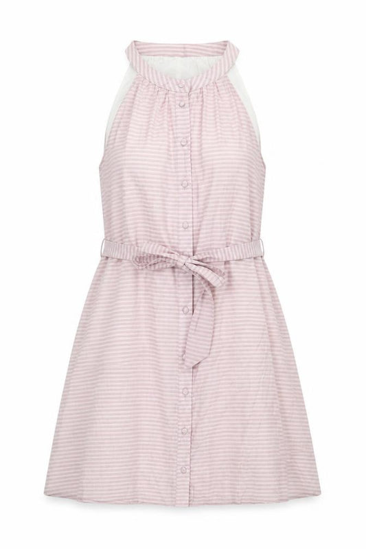 Front view of Calli women’s pink striped polyester a-line, size UK 12, round neck button