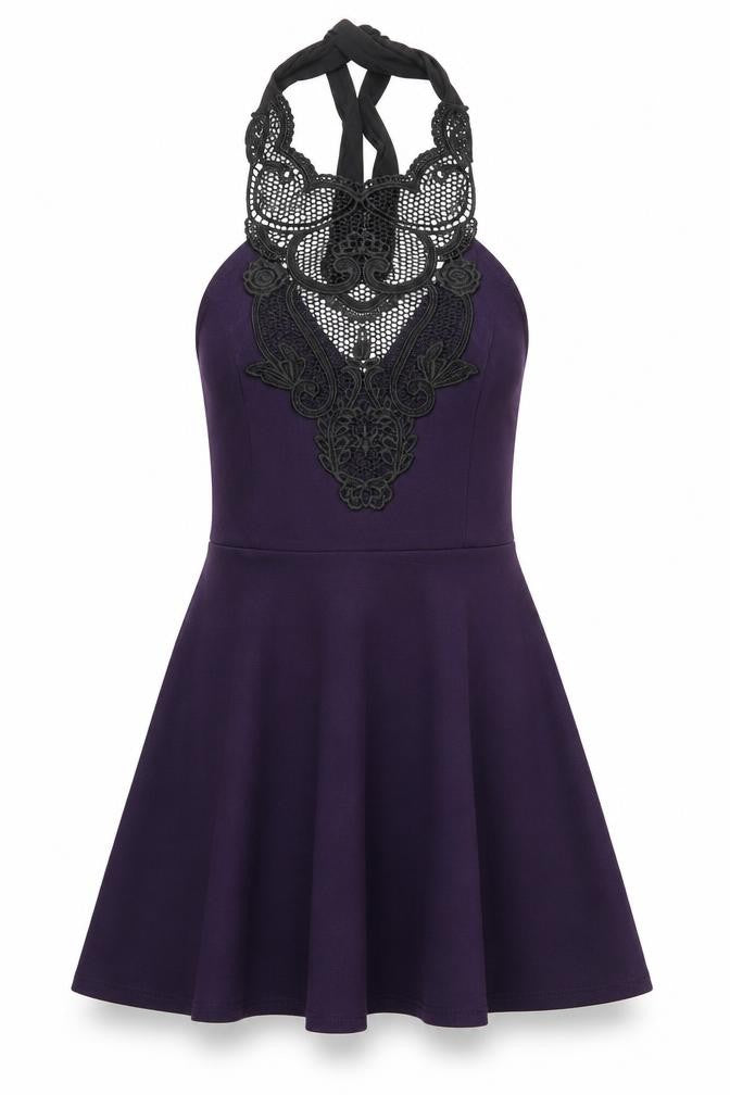 Front view of Atmosphere women’s purple polyester a-line, size UK 14, halter pullover - lace detail