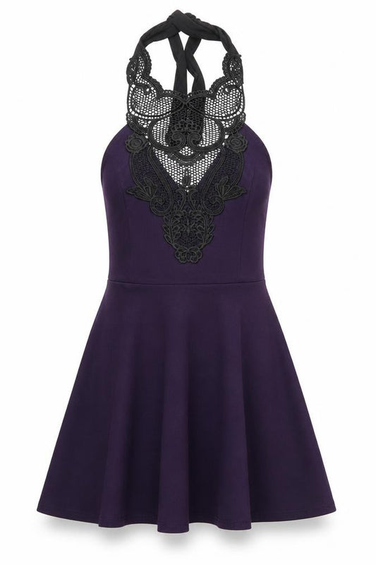Front view of Atmosphere women’s purple polyester a-line, size UK 14, halter pullover - lace detail