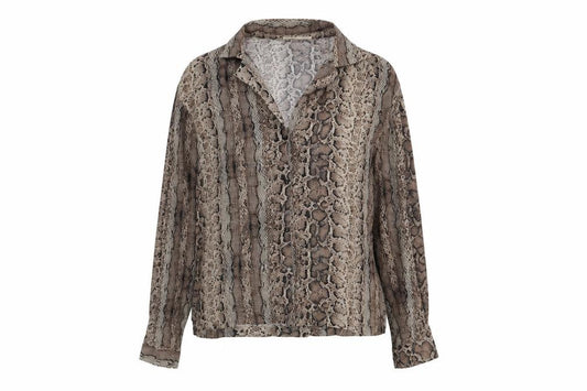 Front view of Pull&Bear women’s brown animal print viscose basic button-up, size M, collared - snake skin print