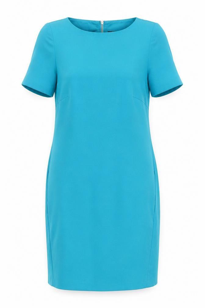Front view of Warehouse women’s blue polyester a-line, size UK 10, round neck zip