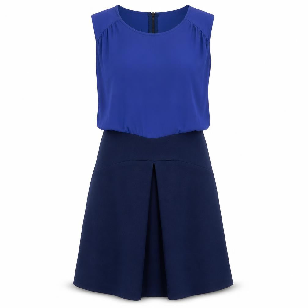 Front view of Closet women’s blue colourblock polyester fit & flare, size UK 10, round neck zip