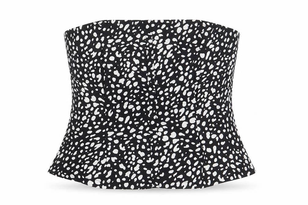 Front view of Naanaa women’s black geometric polyester basic tank, size UK 8, off the shoulder