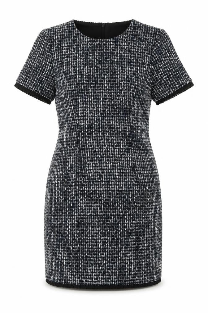 Front view of Warehouse women’s blue geometric polyester a-line, size UK 10, round neck zip
