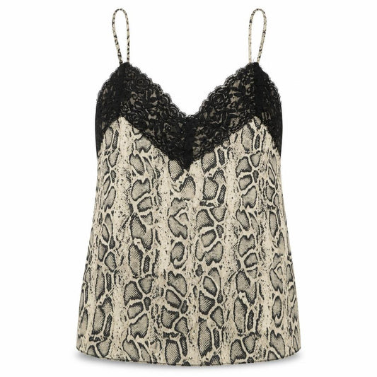 Front view of Made in Italy women’s multicoloured animal print polyester camisole tank, v-neck - snake skin print lace trim