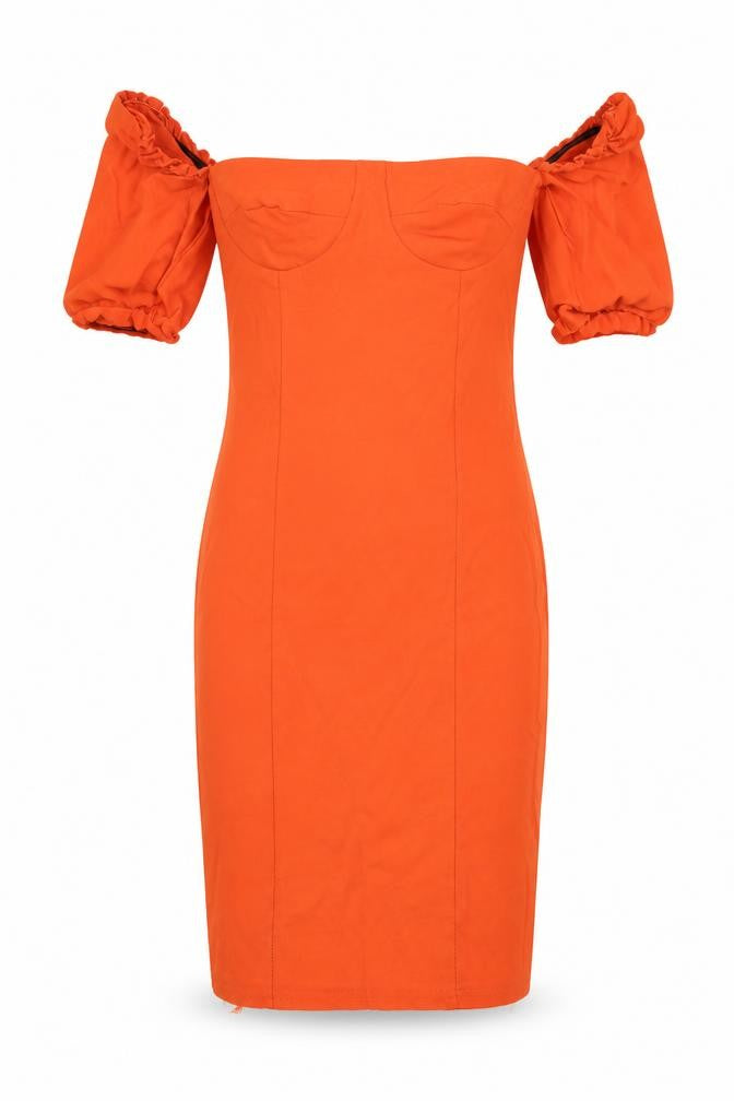 Front view of I SAW IT FIRST women’s orange polyester bodycon, size UK 8, scoop neck pullover
