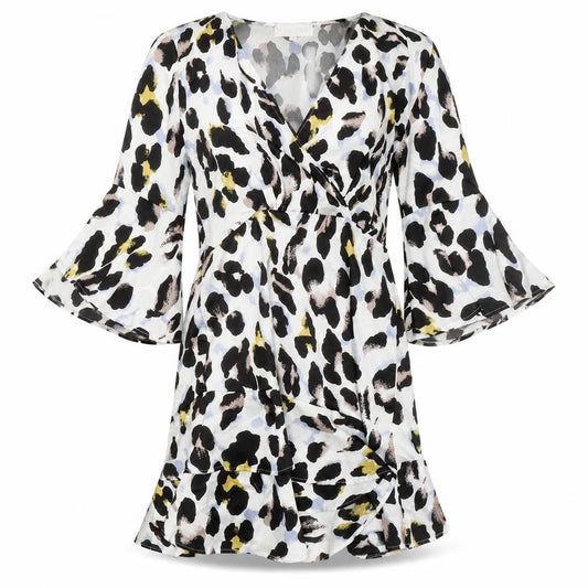 Front view of In the Style women’s ivory animal print polyester fit & flare, size UK 8, v-neck pullover - leopard pattern