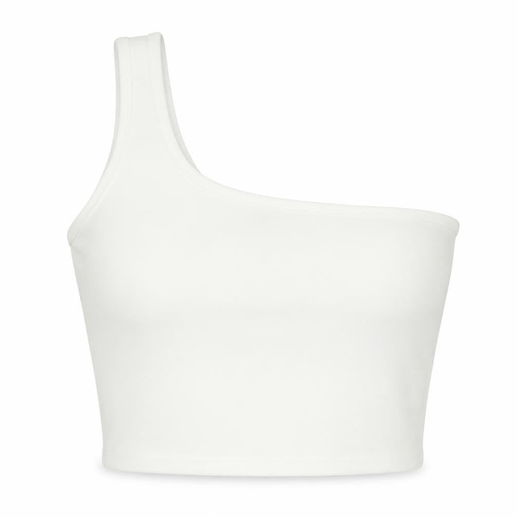 Front view of SHEIN women’s white polyester cropped tank, size M, one shoulder