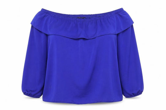 Front view of Dorothy Perkins women’s blue polyester basic blouse, size UK 14, off the shoulder
