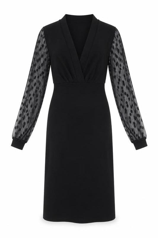 Front view of Boohoo women’s black polka dot polyester a-line, size UK 8, v-neck pullover