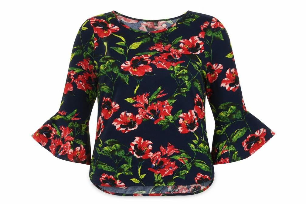 Front view of Izabel women’s blue floral polyester basic blouse, size UK 12, scoop neck - bell sleeve
