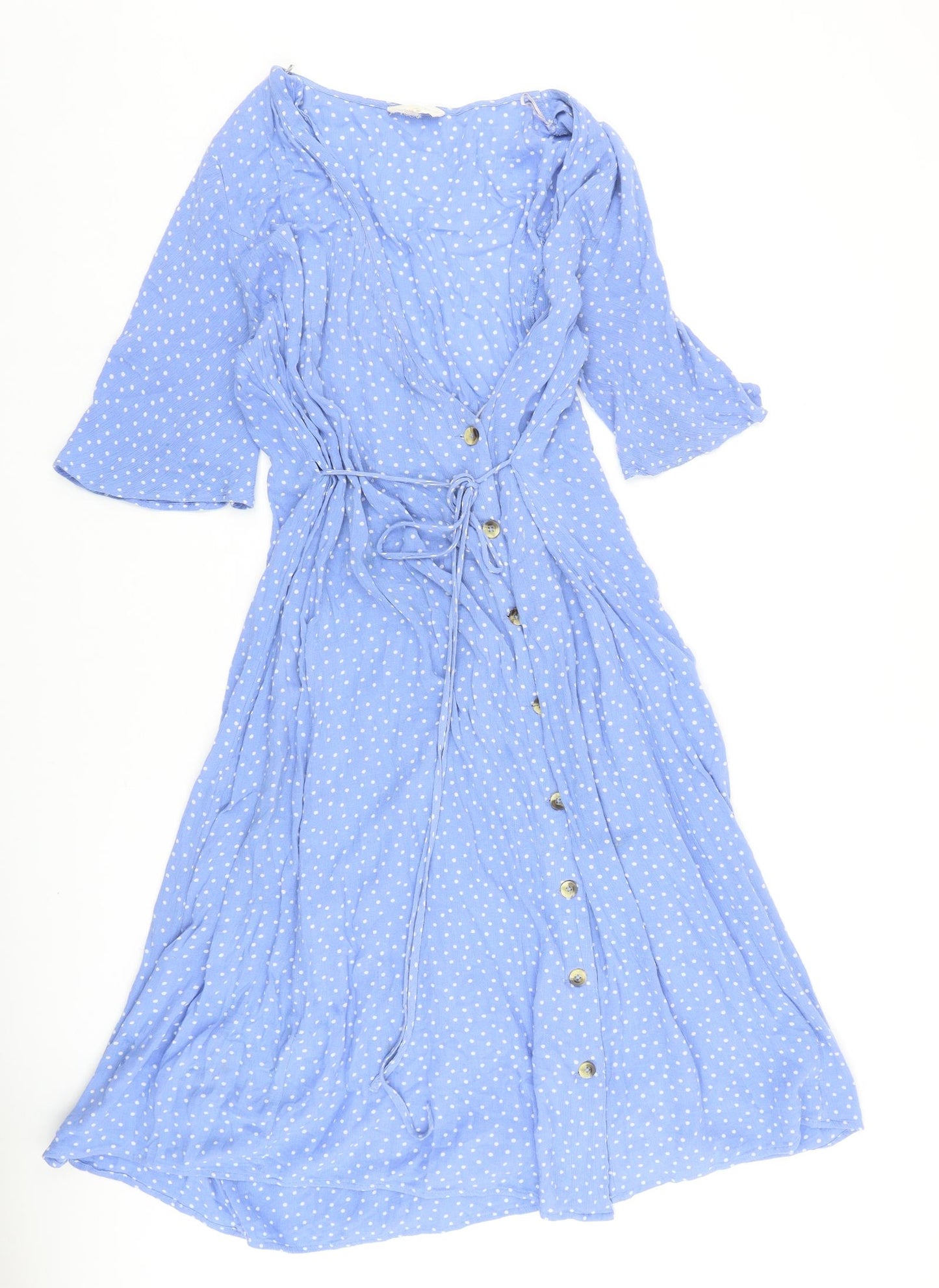 NEXT Womens Blue Polka Dot Viscose A-Line Size 10 V-Neck Button