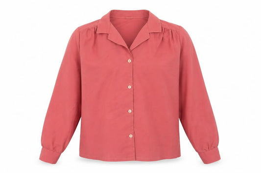 Front view of Preworn women’s red polyester basic button-up, size UK 6, collared
