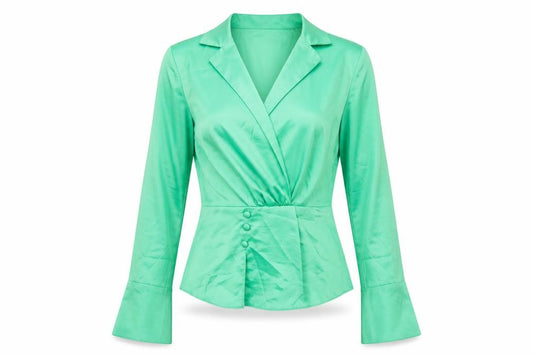 Front view of ASOS women’s green polyester basic blouse, size UK 8, v-neck