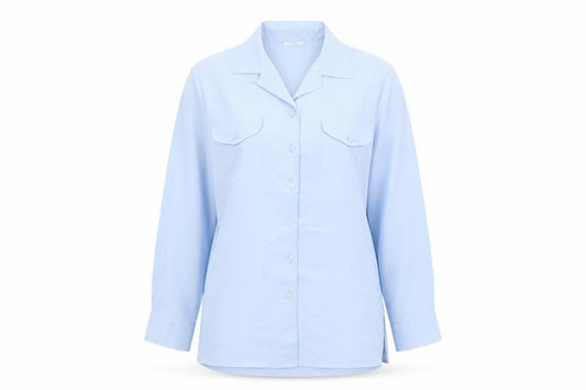 Front view of Marks & Spencer women’s blue polyester basic button-up, size UK 12, collared