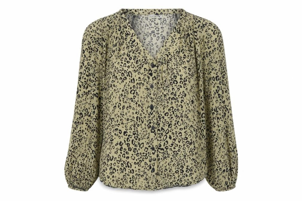 Front view of Papaya women’s beige animal print viscose basic blouse, size UK 12, v-neck - leopard print