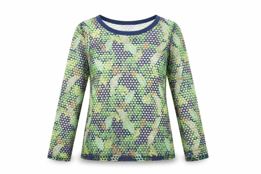 Front view of Next women’s green geometric viscose basic t-shirt, size UK 10, round neck - leaf print