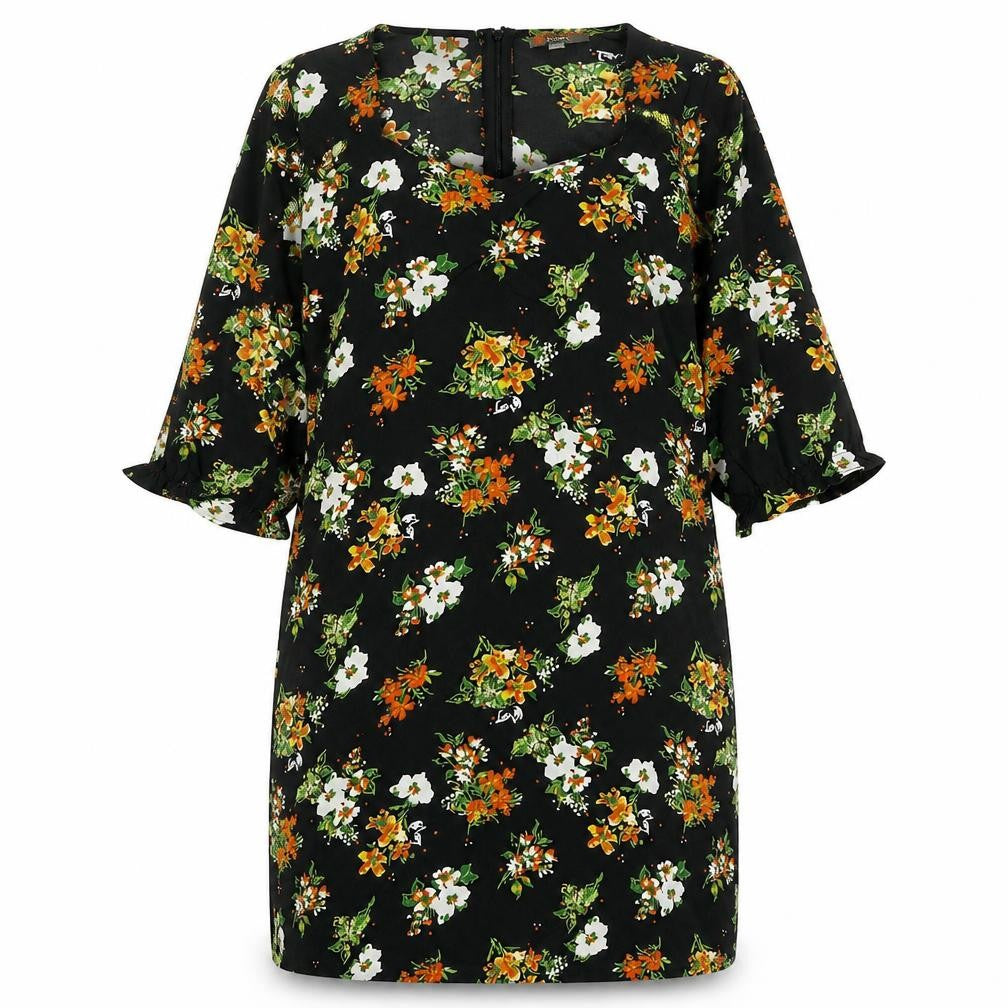 Front view of Studio women’s black floral polyester a-line, size UK 16, v-neck zip