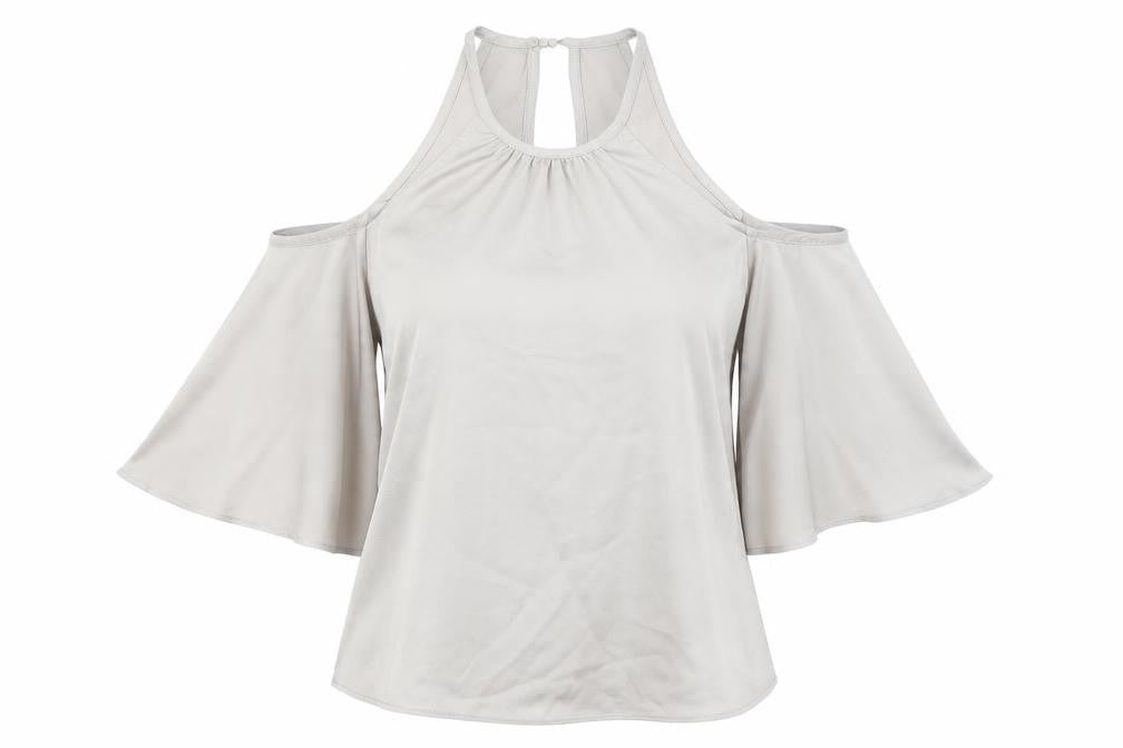 Front view of New Look women’s beige viscose basic tank, size UK 6, round neck - cold shoulders