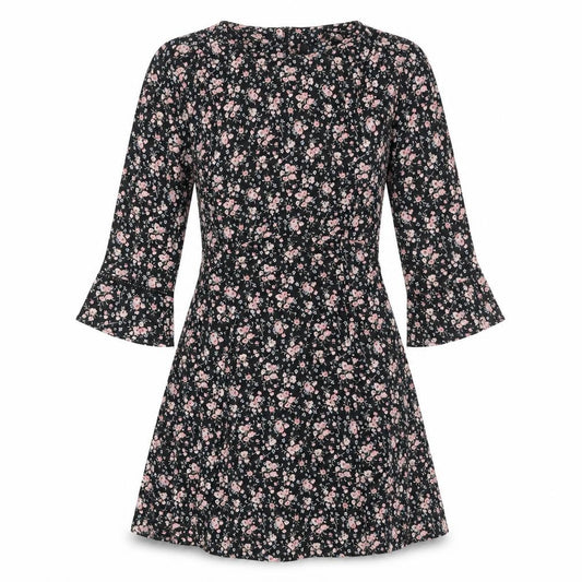 Front view of Divided by H&M women’s black floral polyester a-line, size UK 8, round neck zip