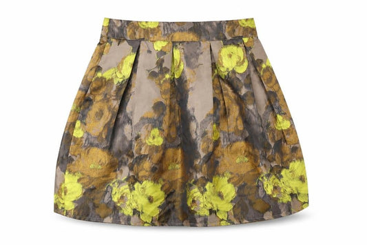 Front view of Louche women’s brown floral polyester tulip skirt, size UK 8, zip