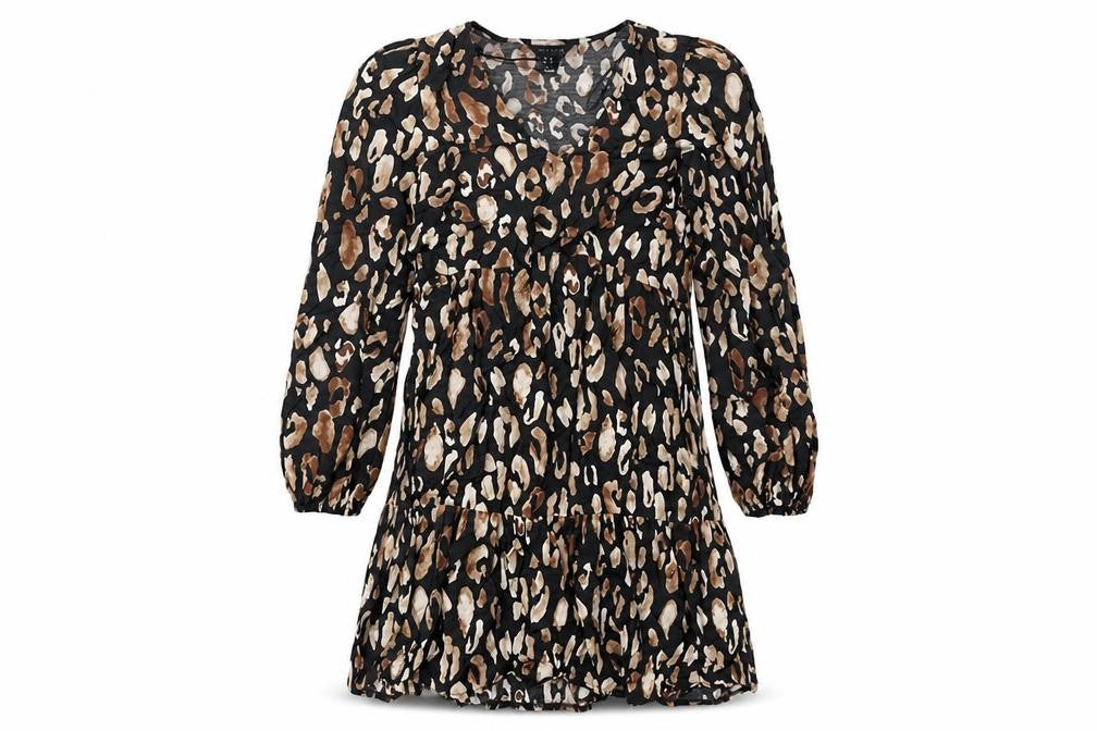 Front view of New Look women’s brown animal print polyester fit & flare, size UK 8, v-neck pullover - leopard pattern
