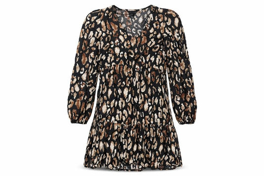 Front view of New Look women’s brown animal print polyester fit & flare, size UK 8, v-neck pullover - leopard pattern