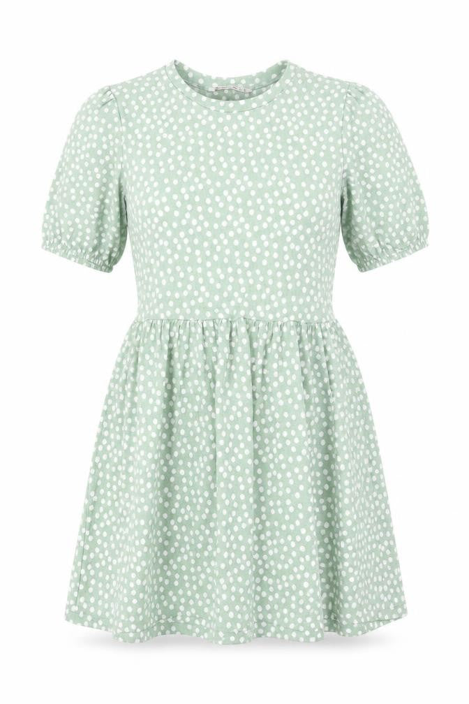 Front view of Stradivarius women’s green polka dot polyester fit & flare, size M, round neck pullover