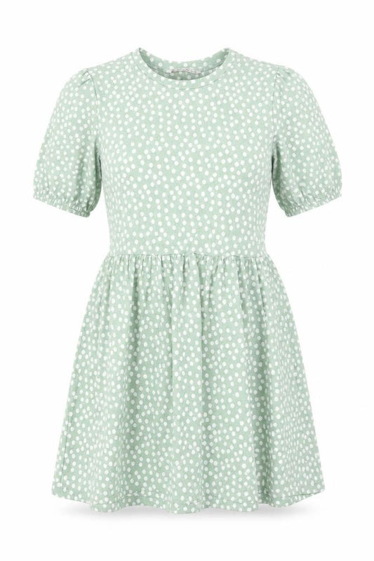 Front view of Stradivarius women’s green polka dot polyester fit & flare, size M, round neck pullover