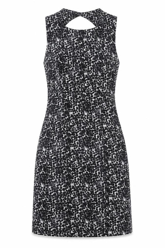 Front view of H&M women’s black geometric polyester a-line, size UK 8, round neck zip