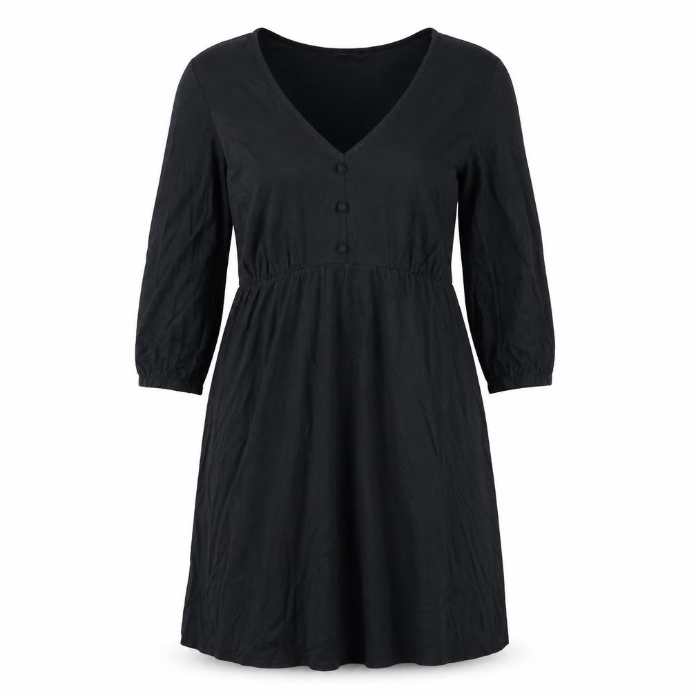 Front view of Marks & Spencer women’s black polyester fit & flare, size UK 12, v-neck pullover