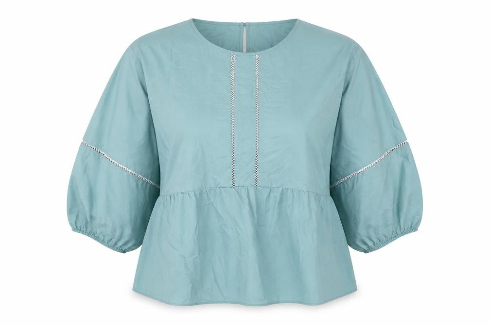 Front view of Marks & Spencer women’s blue cotton basic blouse, size UK 14, round neck