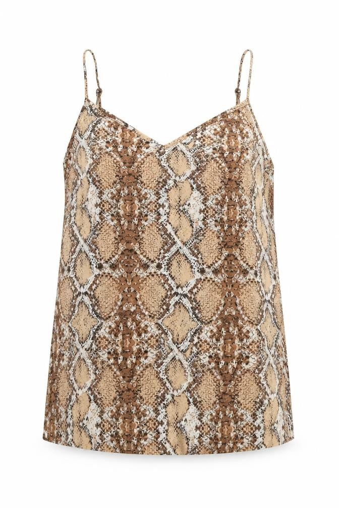 Front view of Marks & Spencer women’s beige animal print polyester basic tank, size UK 12, v-neck - snake print