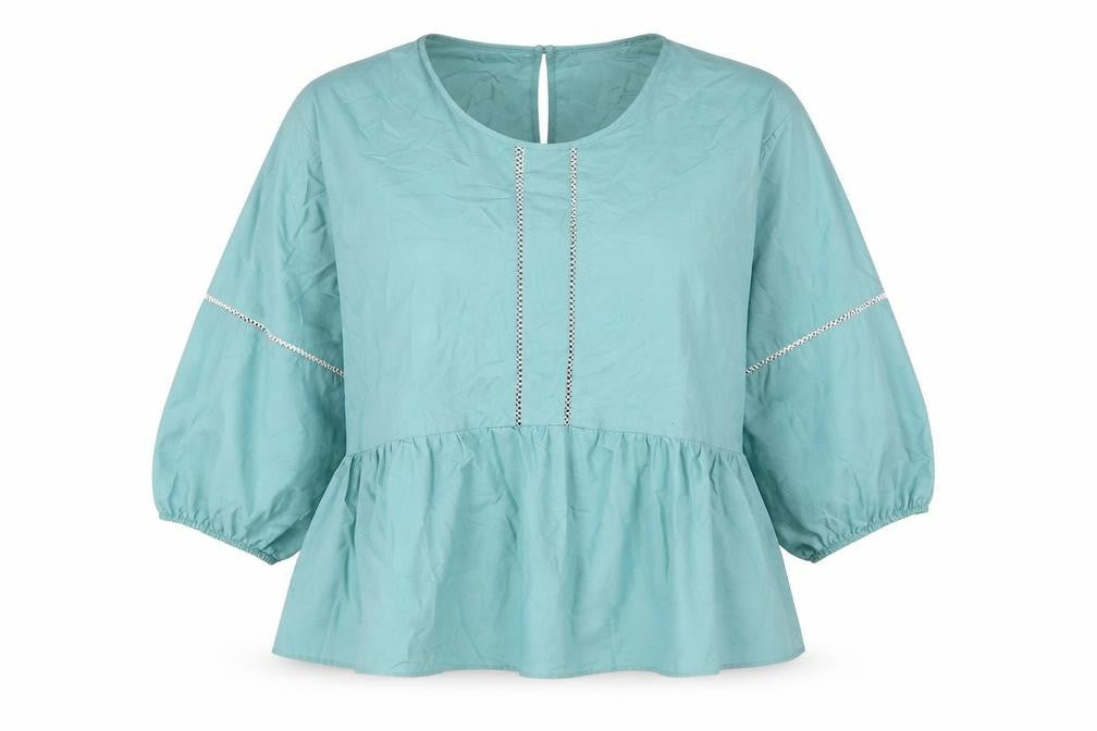 Front view of Marks & Spencer women’s blue cotton basic blouse, size UK 16, round neck