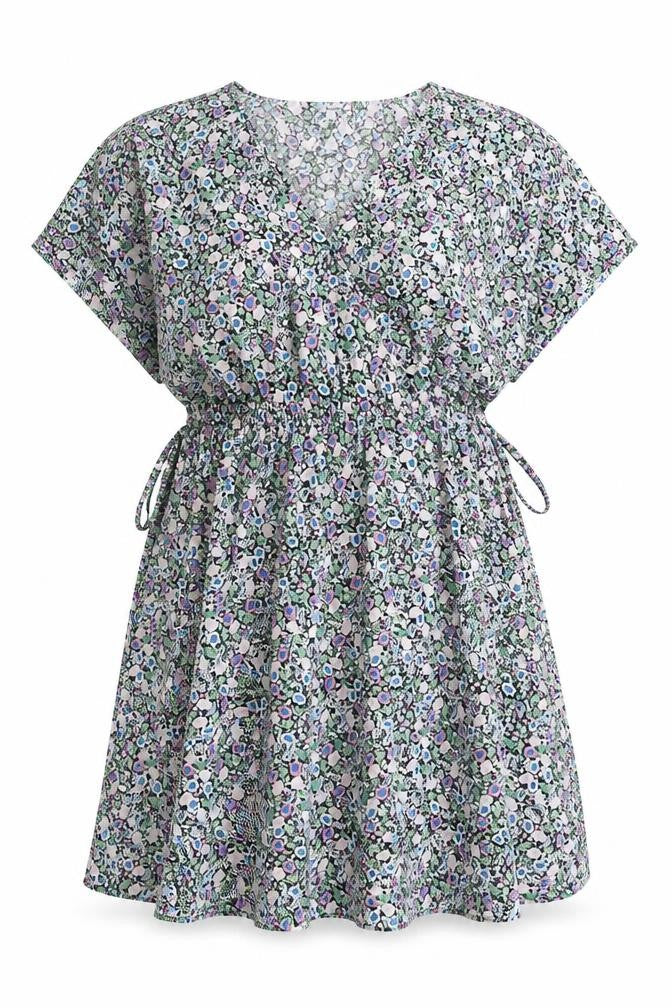 Front view of Marks & Spencer women’s multicoloured floral viscose a-line, size UK 10, v-neck pullover