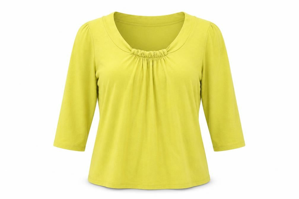 Front view of Marks & Spencer women’s yellow viscose basic blouse, size UK 10, scoop neck