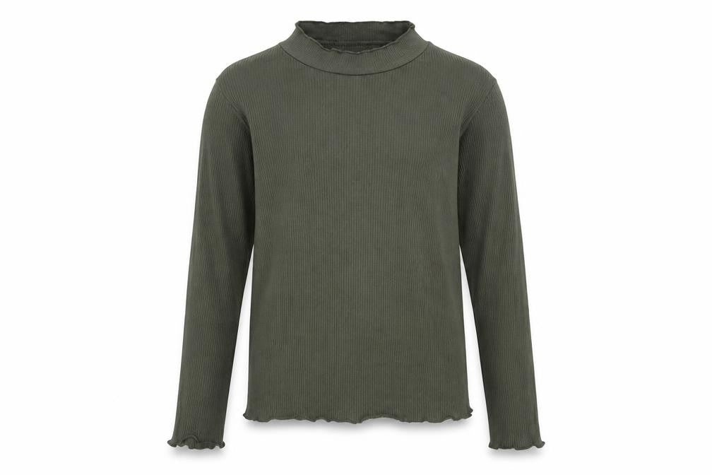 Front view of Primark girls’ green cotton basic t-shirt, size 9-10, years mock neck pullover - ribbed