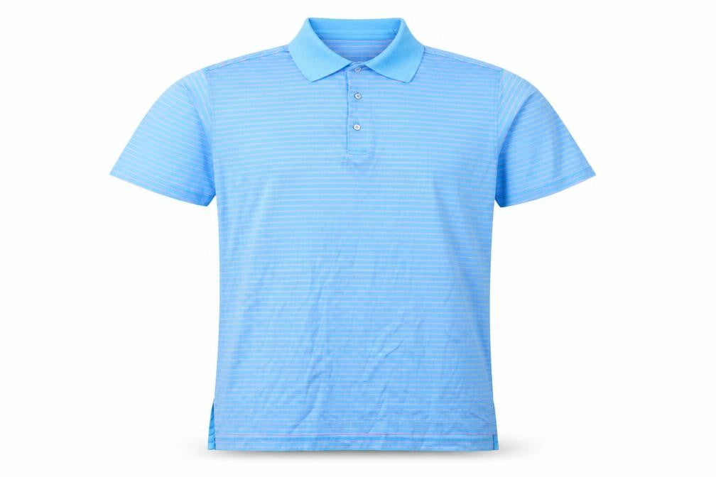 Front view of Bobby Jones men’s blue striped cotton polo, size S, collared button