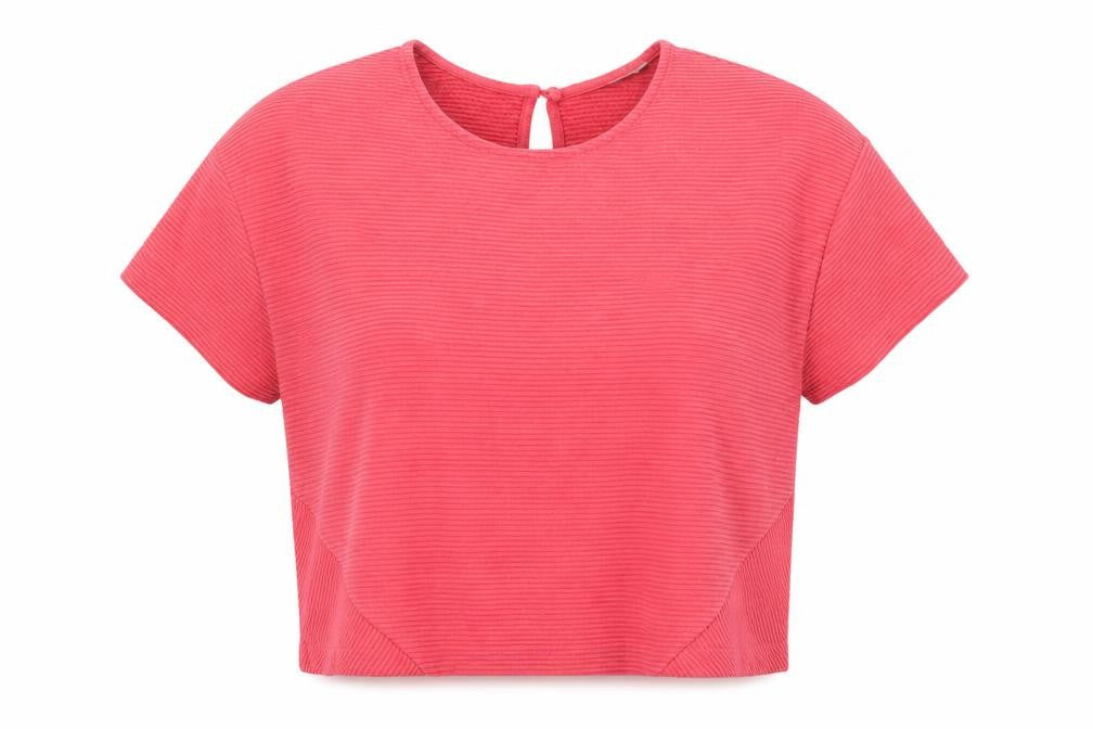 Front view of Great Plains women’s pink polyester basic t-shirt, size XS, round neck