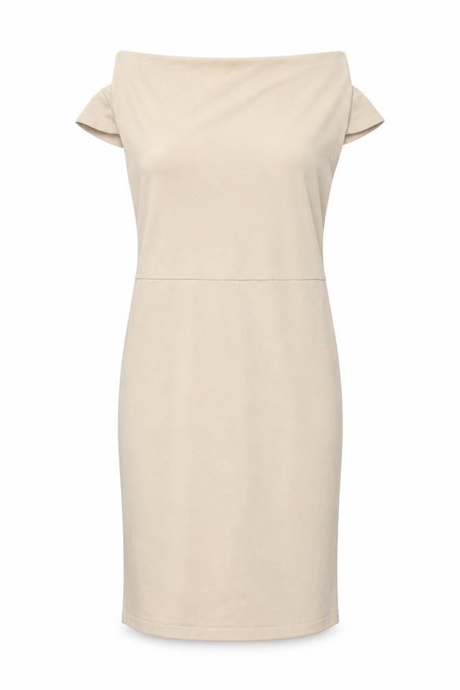 Front view of Next women’s beige polyester bodycon, size UK 12, off the shoulder zip