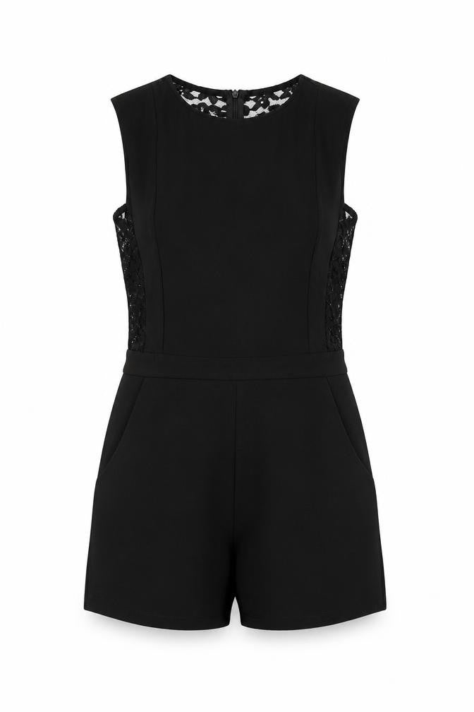 Boohoo Womens Black Polyester Playsuit One-Piece Size 6 Zip - Lace Detail