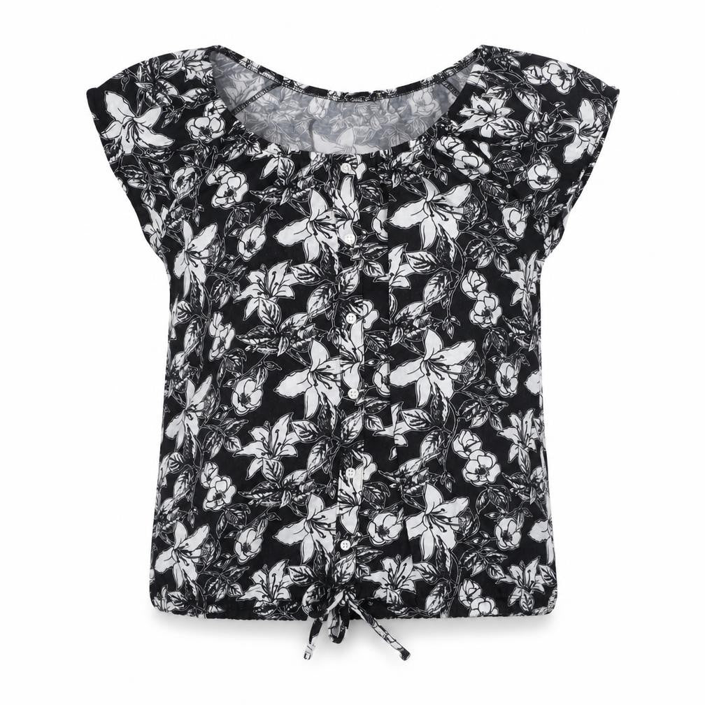 Front view of Originals women’s black floral polyester basic blouse, size UK 14, round neck