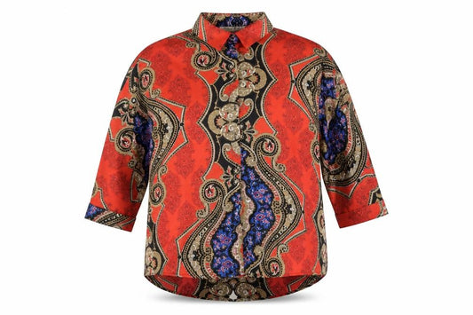Front view of Parisian Signature women’s red geometric polyester basic button-up, size UK 10, collared