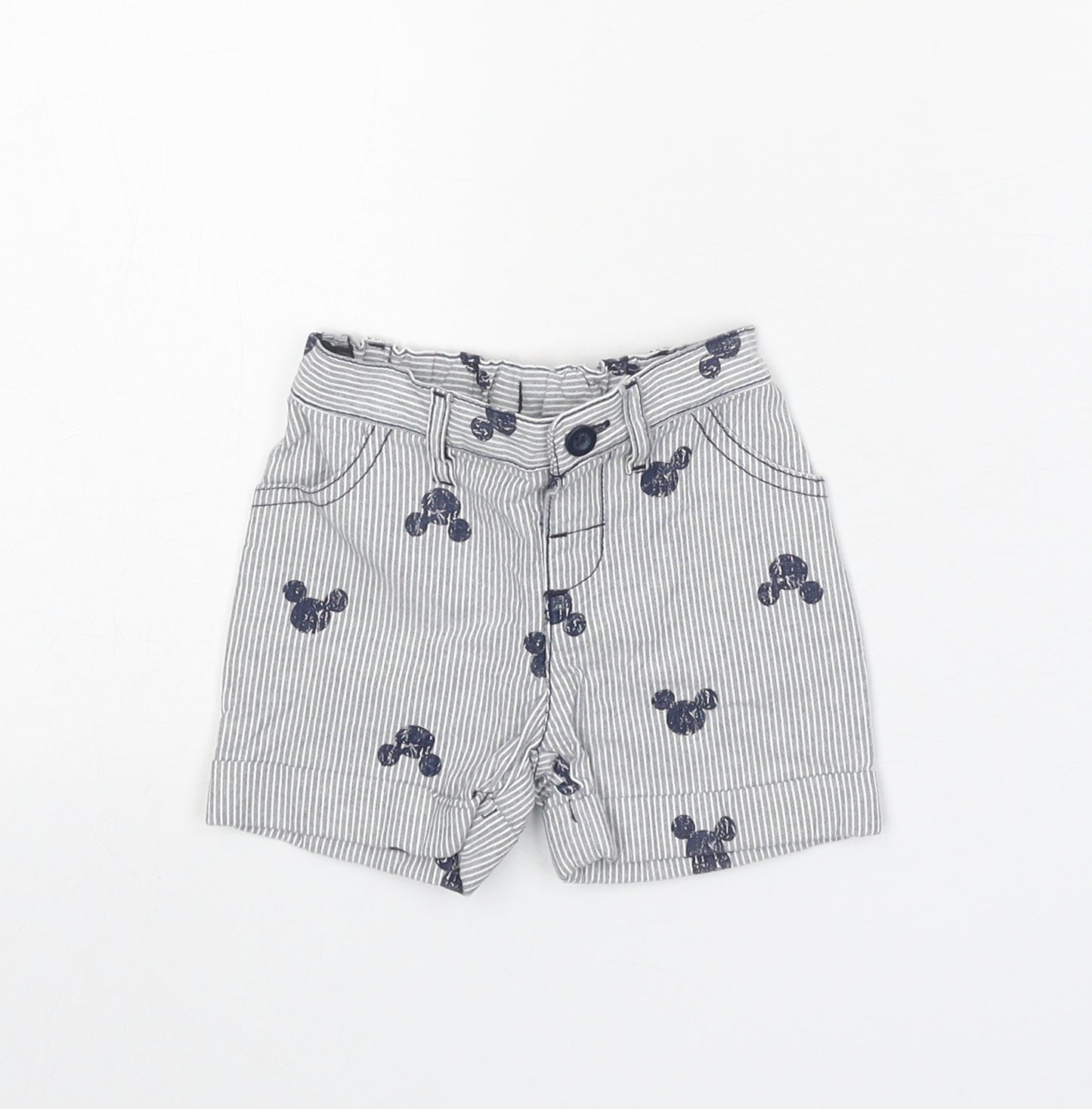 Disney Boys Grey Striped Cotton Cropped Trousers Size 0-3 Months L50 cm Button - Mickey Mouse